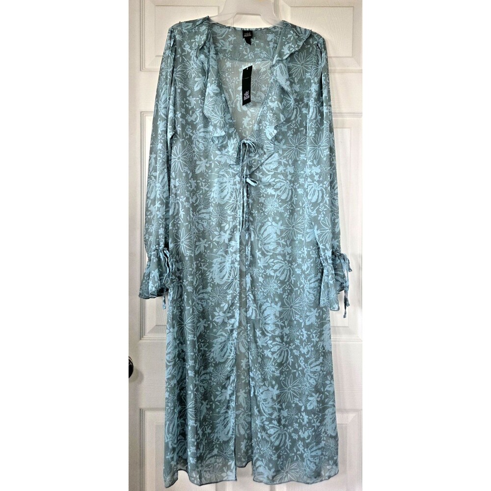 WILD FABLE Women's Green & Aqua Sheer Floral Duster Ruffle Tie Front Size S NWT